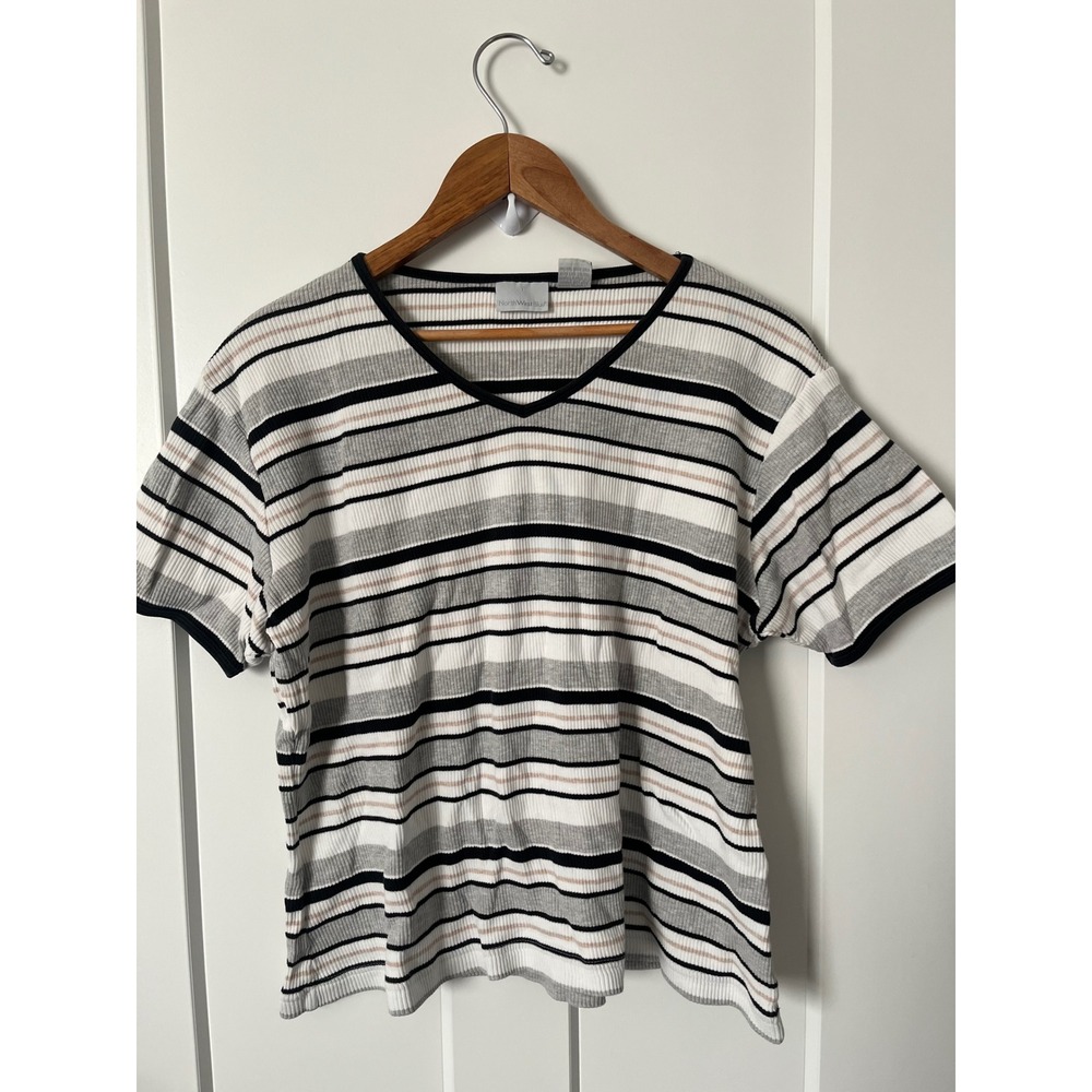 North West Blue Striped V Neck Short Sleeve Ribbed Knit Top Women's Size L